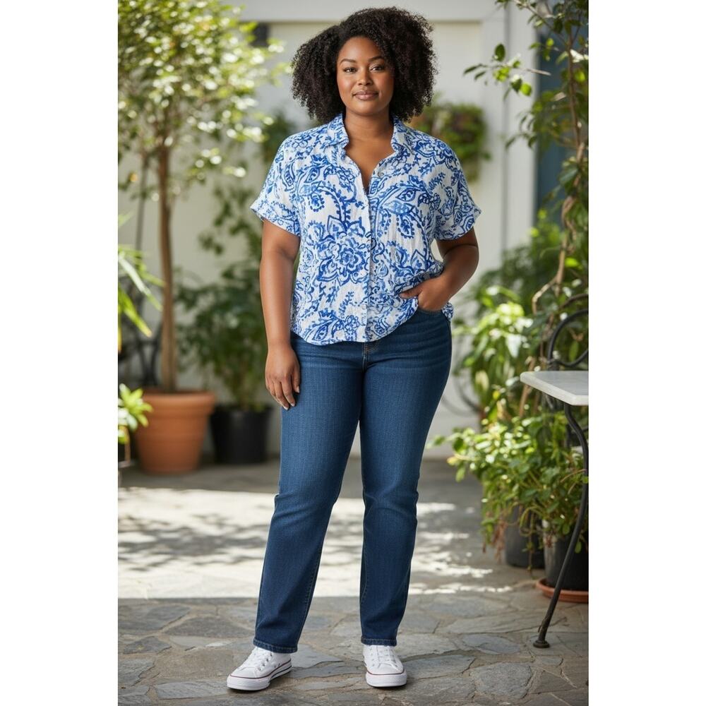 Caroline Constas Linen Top Floral Paisley Print Blue White LG Nacre Buttons